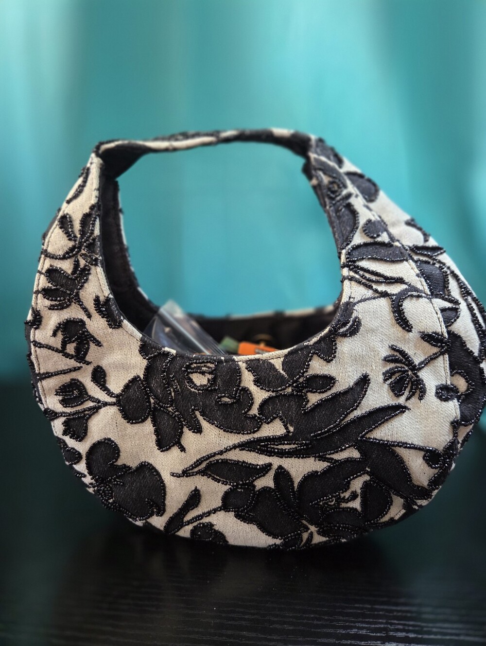 Feel Good Gifts-Black & Cream Floral Beaded Crescent Shoulder Bag